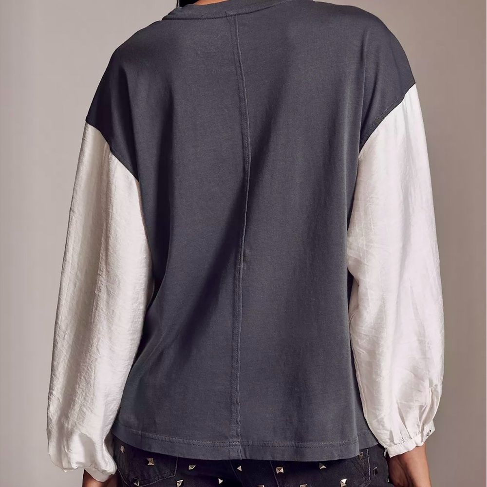 Anthropologie Charcoal/Blue Graphic Long-Sleeve Tee with White Sleeves - Picture 5 of 6